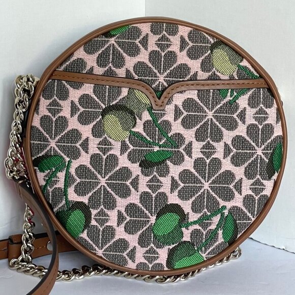 Kate Spade Canteen Jacquard Cherry Brown Crossbody Round Small Leather Floral - Picture 3 of 11